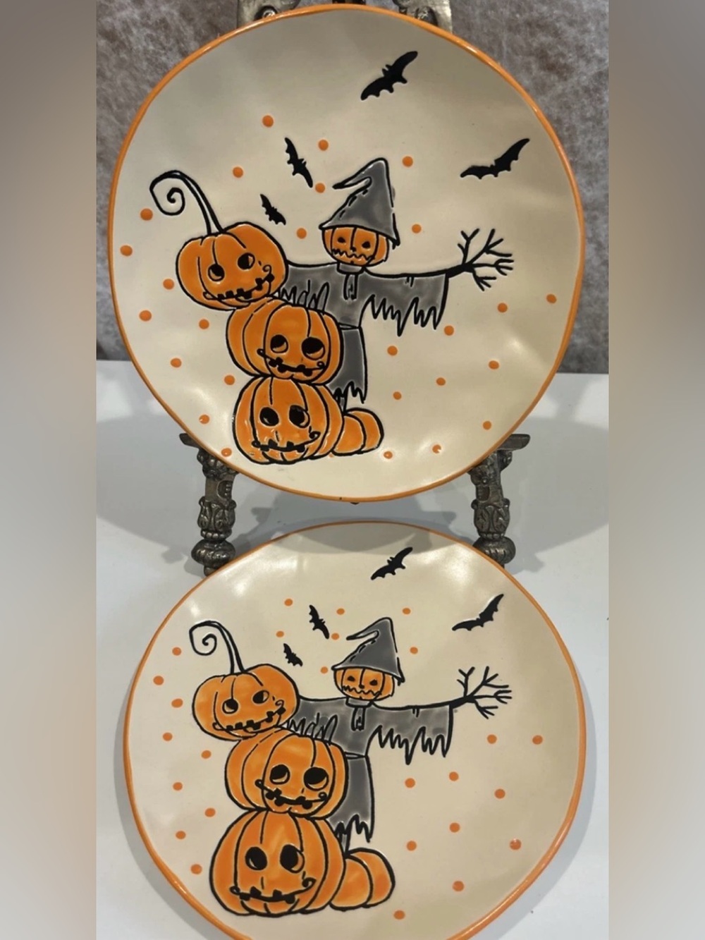 Eli Ana Halloween Brixton Scarecrow Pumpkins Ceramic Salad Plates S/2